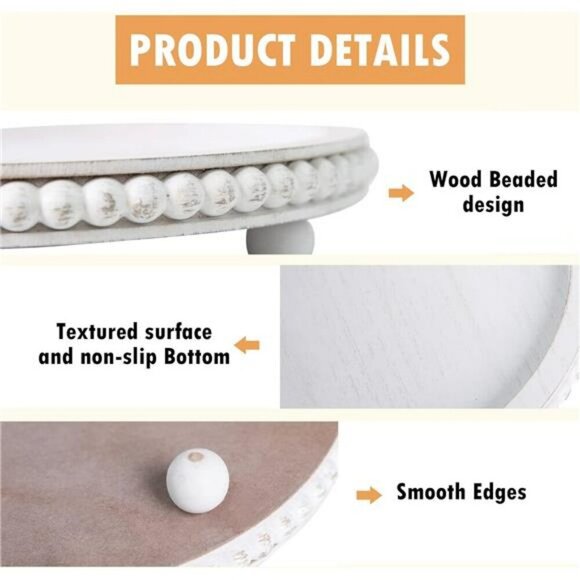 White round wood tray distressed beaded farmhouse decor coffee table accent - Picture 7 of 8